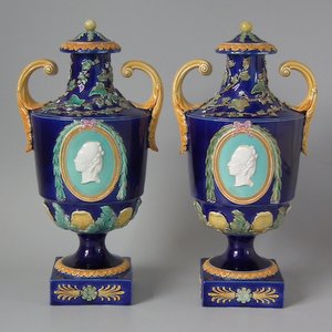 Pair Wedgwood Majolica Lidded Urns