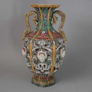 Copeland Majolica Twin Handled Mask Vase