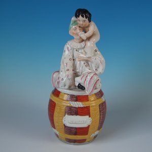 Staffordshire Pottery Pierrot & Putti Tobacco Jar