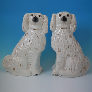 Large Pair Staffordshire white & gilt spaniels