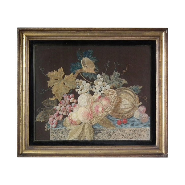 Antique Wool & Silkwork Bird with Fruit Embroidery - ID#20838 Image 1