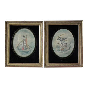 Pair Georgian Embroidered Pictures, Justice & Prudence