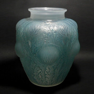 René Lalique Cased opalescent with blue staining Glass 'Domremy' Vase