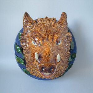 Large German Palissy Majolica Boar head wall plaque