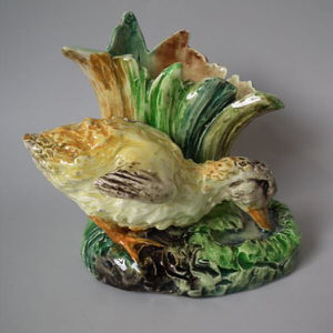 Delphin Massier Majolica duck & reeds vase
