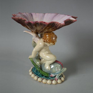 Minton Majolica Putti & Dolphin Figural Dish