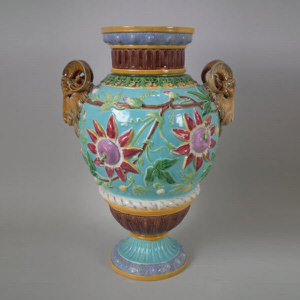 Majolica Passion Flower with Goat Handles Vase