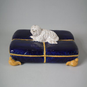 George Jones Majolica Terrier on Cushion Inkstand