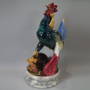 Rare Delphin Massier Majolica Rooster With Flag