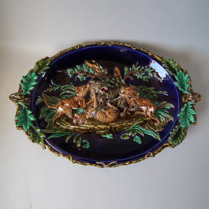 Large Sarreguemines Majolica Dogs Wall Plaque