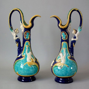 Pair Majolica Renaissance Style Ewers