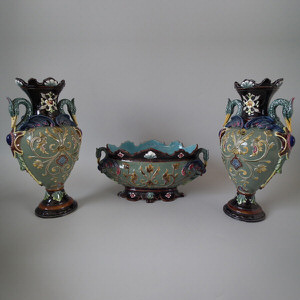 Set of 3 Krause Majolica Heron Handled Vases & Bowl