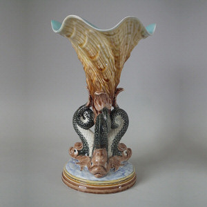 Gustafsberg Majolica dolphin & cornucopia vase