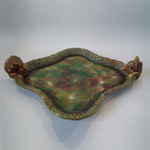 George Jones Majolica dog & fox tray