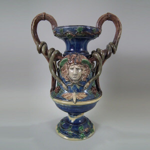 Majolica Palissy Medusa vase with snake handles