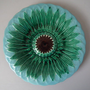 English Majolica sunflower in basket plate