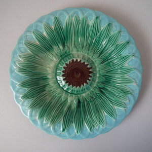 English Majolica sunflower in basket plate