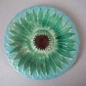 English Majolica sunflower in basket plate