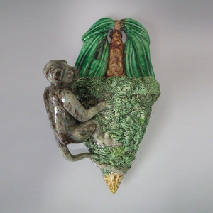Majolica Palissy monkey wall pocket