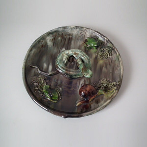 Small Majolica Palissy snake, snail and frog plate