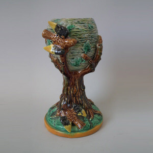 Majolica birds with nest in tree vase
