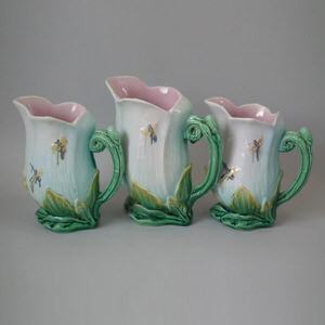 Set of 3 Majolica Dragonfly pitchers