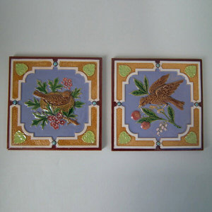 Pair Minton Hollins & Co. Majolica bird tiles