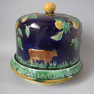 Majolica Cow & apple tree cheese dome & stand