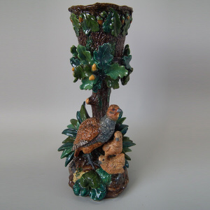 Hugo Lonitz Majolica partridge & chicks stand with pot