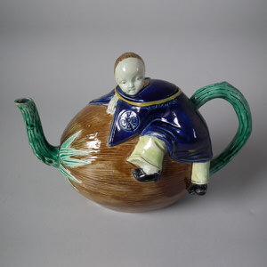 Holdcroft Majolica Oriental boy on coconut teapot