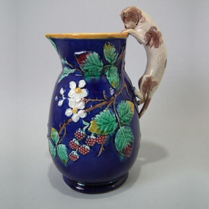 Large Majolica jug/pitcher with cat handle