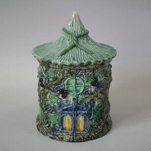 Palissy Majolica house tobacco jar and cover