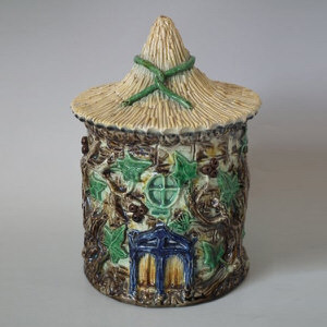 Majolica Palissy house tobacco jar and cover
