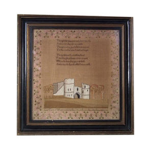 Antique Sampler, 1830 Castle Sampler Jane Carter
