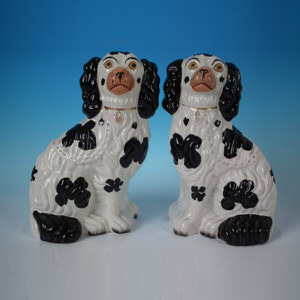 Pair Staffordshire Pottery Spaniels, No.2 size. Black & White