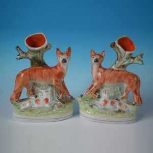 Pair Staffordshire fox & lamb spill vases