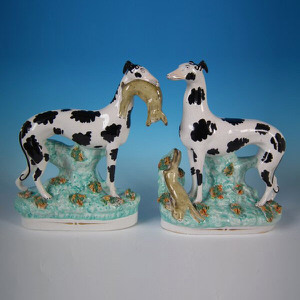 Pair Staffordshire Pottery Diserali Whippets & Hares