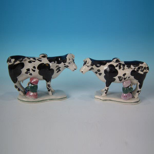 Pair Staffordshire Pottery Cow Creamers with milkmaids