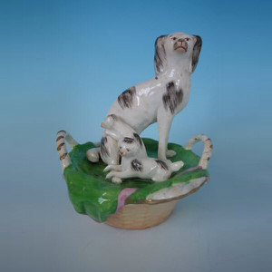 Staffordshire Pottery Dog with Pups in Basket Group