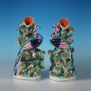 Pair Staffordshire Pottery Peacock Spill Vases
