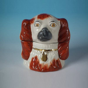 Staffordshire spaniel head tobacco jar & cover