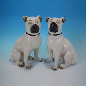 Pair Staffordshire Pottery Pugs