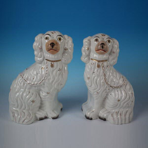 Pair Staffordshire No2 white & gilt spaniels
