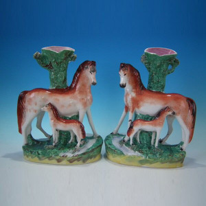 Pair Staffordshire Pottery Horse and Foal Spill Vases