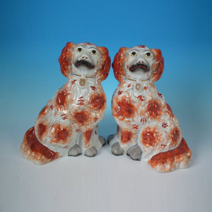 Pair Staffordshire Pottery Chunky Russet & White Spaniels