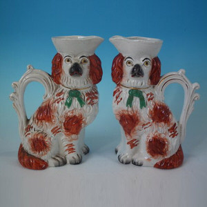 Pair Staffordshire Spaniel With Bow Jug/Pitchers