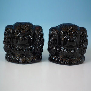 Pair Staffordshire Jackfield spaniel head window stops