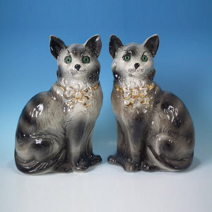 Pair Staffordshire grey cats with glass eyes