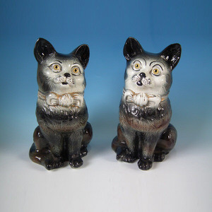 Large Matched Pair Staffordshire cats with glass eyes