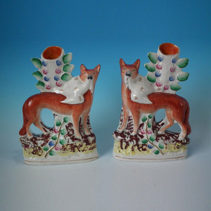 Pair Staffordshire Fox & swan spill vases